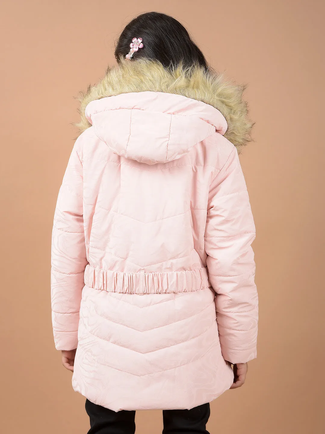 Peach Hooded Neck Padded Jacket