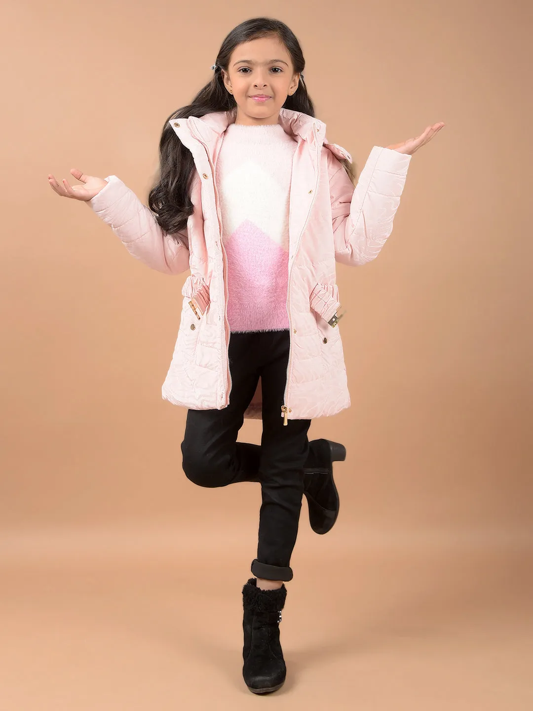 Peach Hooded Neck Padded Jacket