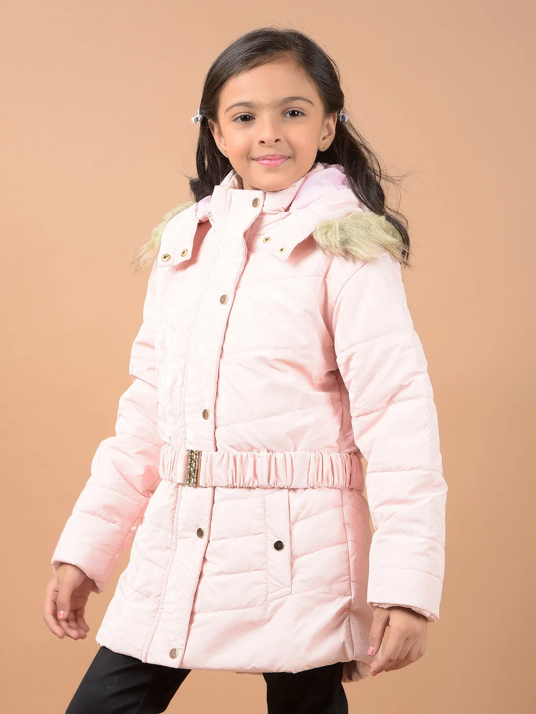 Peach Hooded Neck Padded Jacket