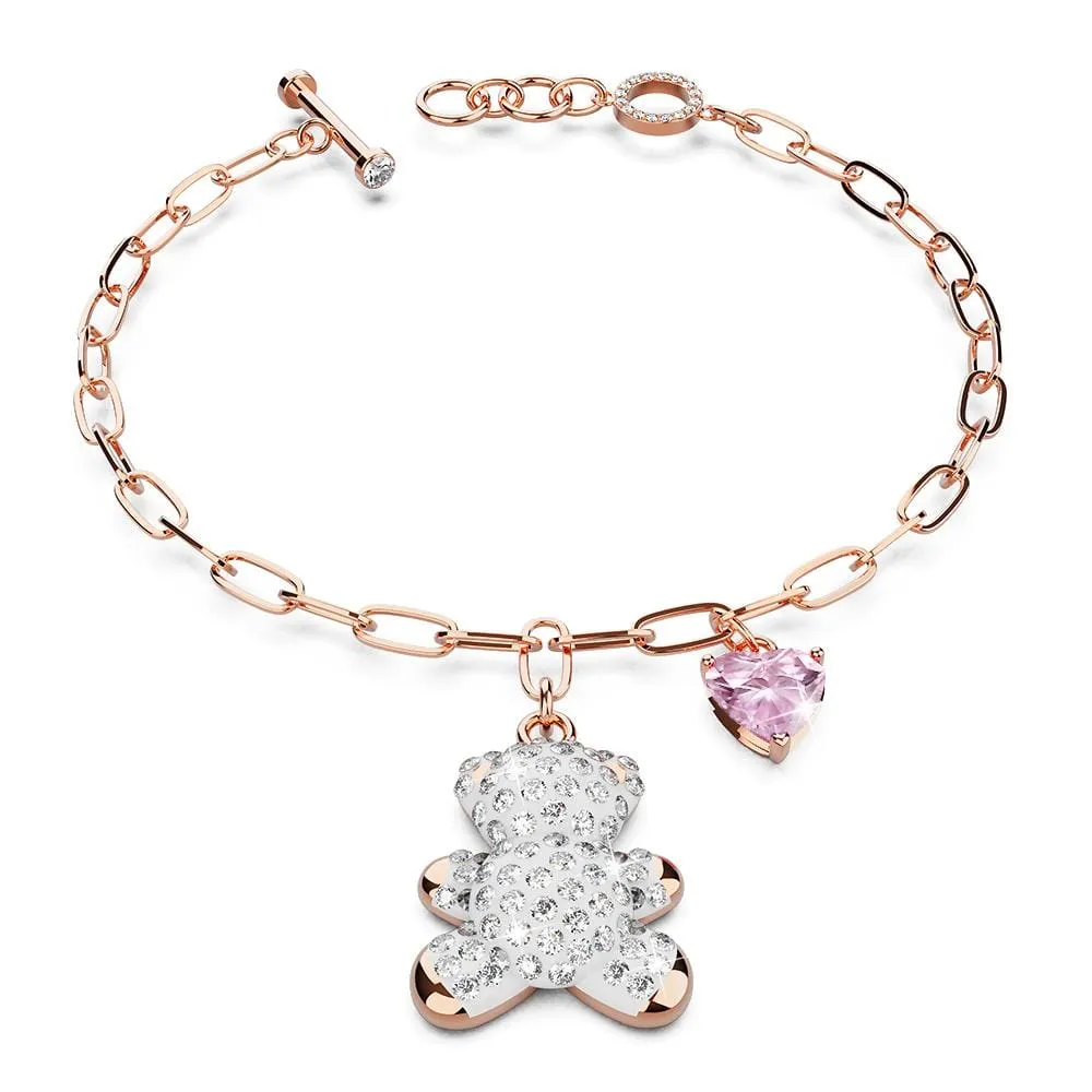 Plush Teddy Heart Charm Bracelet Embellished With SWAROVSKI® Crystals in Rose Gold