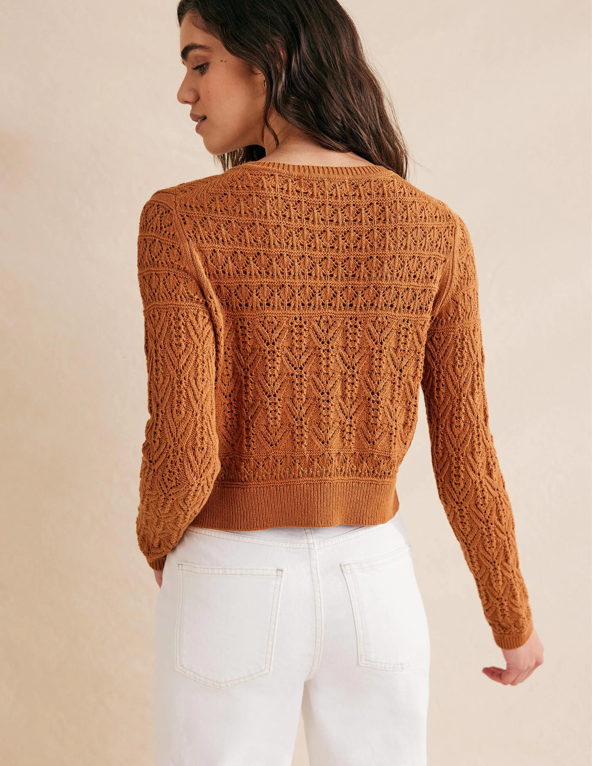 Pointelle Cotton Cardigan-Maple