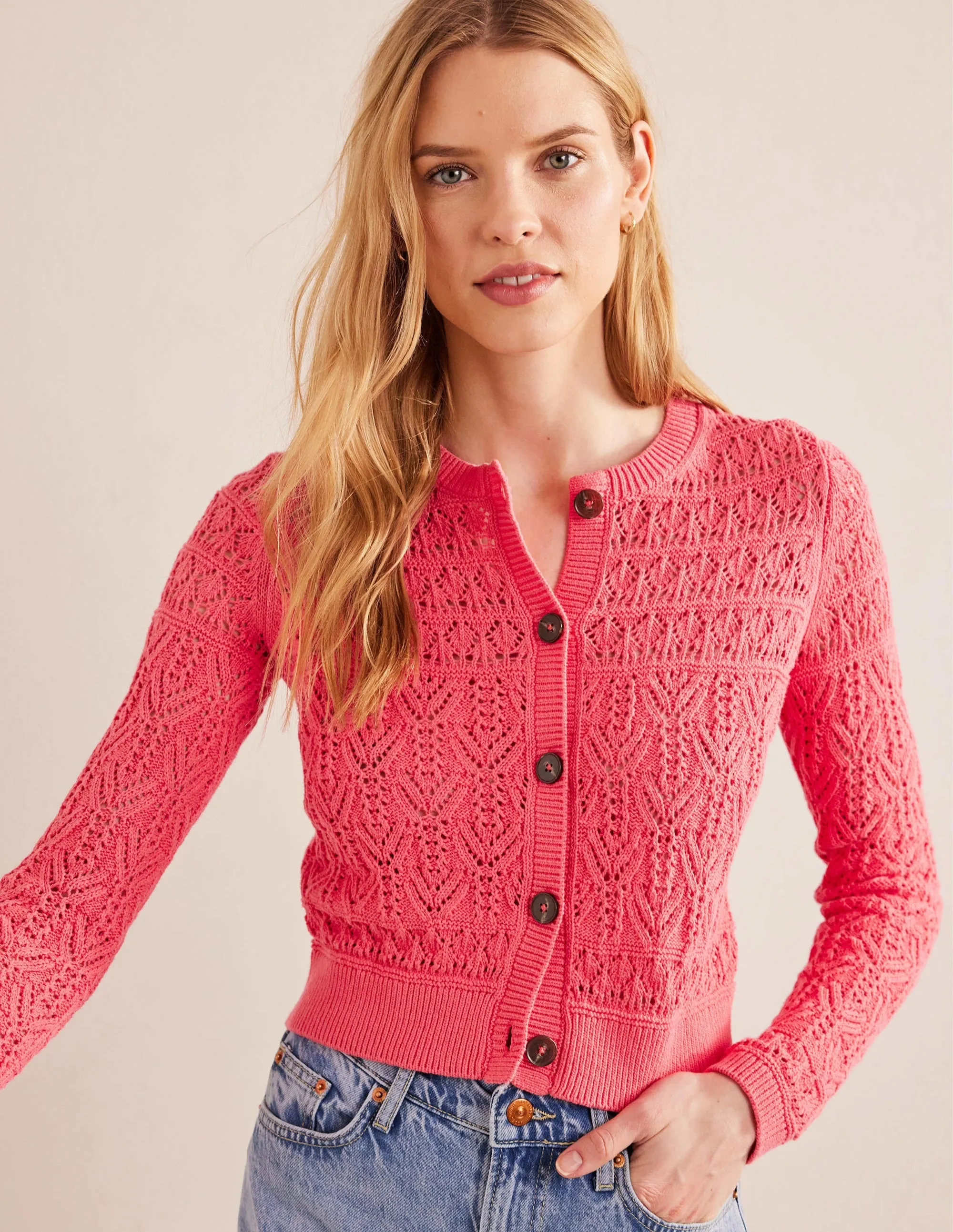 Pointelle Cotton Cardigan-Pop Peony