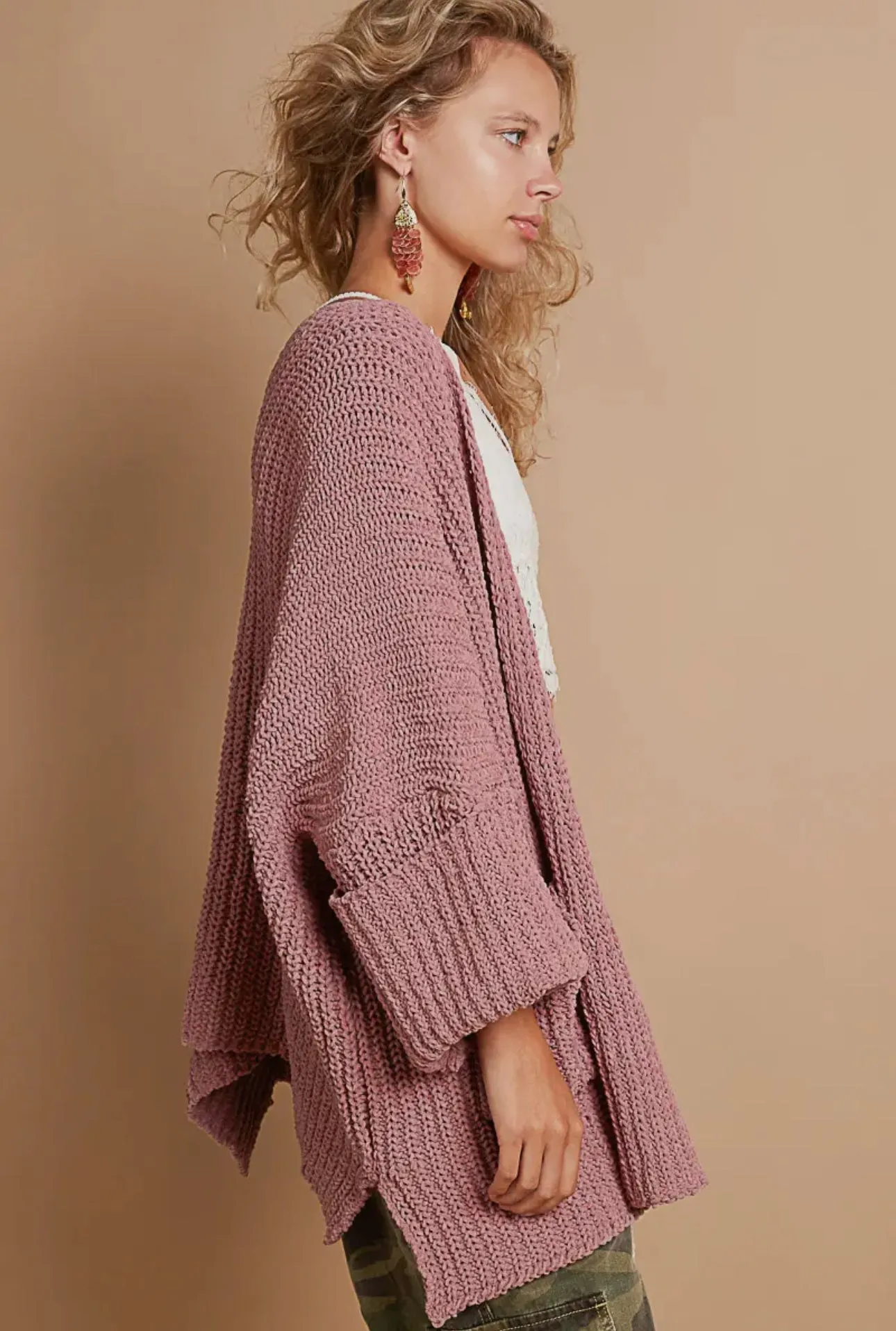 POL Mauve Open Front Sweater Cardigan with Pockets