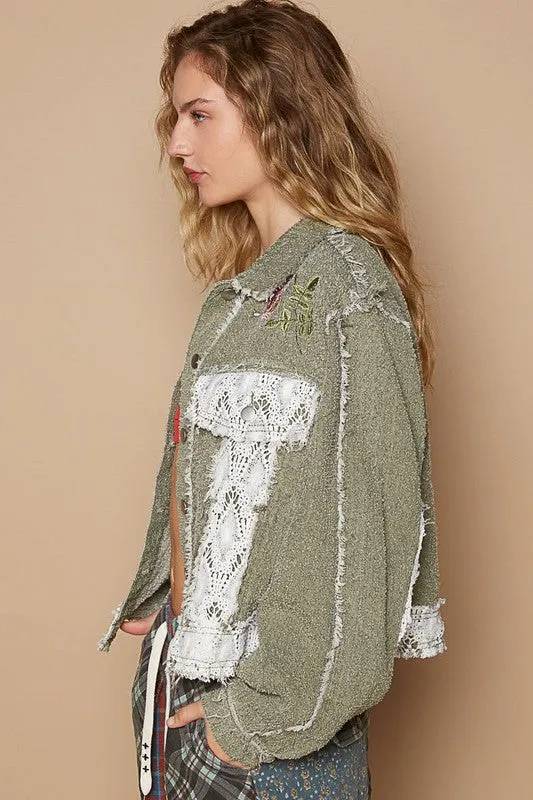 POL Olive Crochet Patch Embroidered Button Up Jacket