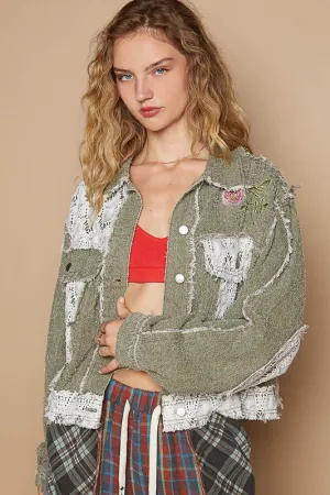 POL Olive Crochet Patch Embroidered Button Up Jacket