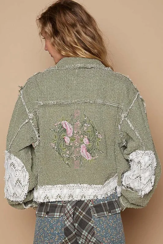 POL Olive Crochet Patch Embroidered Button Up Jacket