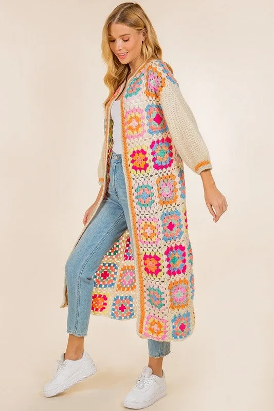 Poppin Pretty Handmade Crochet Round Neck Long Cardigan