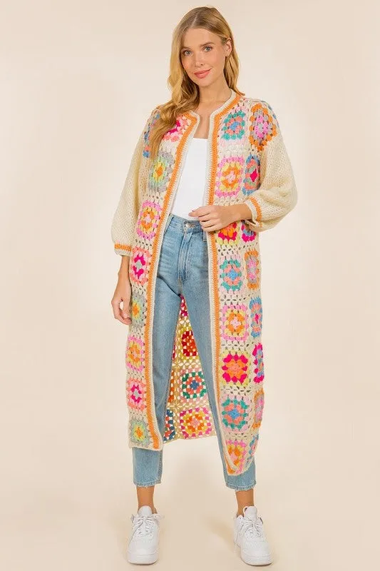 Poppin Pretty Handmade Crochet Round Neck Long Cardigan