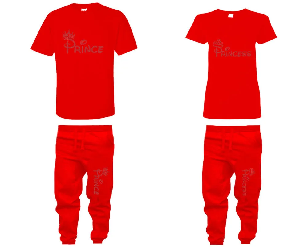 Prince & Princess Couple Matching T-Shirts & Jogger Pants – 4-Piece Set: Men’s and Women’s Styles Sold Separately in Red Glitter Design