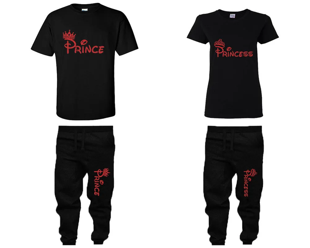 Prince & Princess Couple Matching T-Shirts & Jogger Pants – 4-Piece Set: Men’s and Women’s Styles Sold Separately in Red Glitter Design