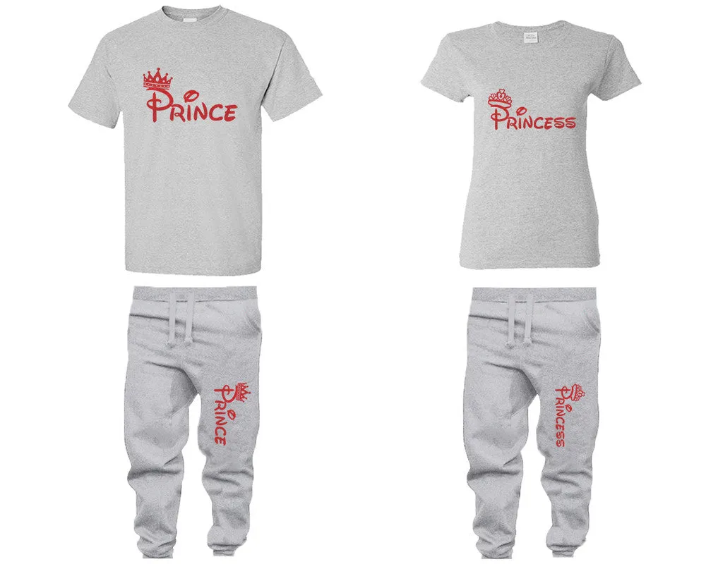 Prince & Princess Couple Matching T-Shirts & Jogger Pants – 4-Piece Set: Men’s and Women’s Styles Sold Separately in Red Glitter Design