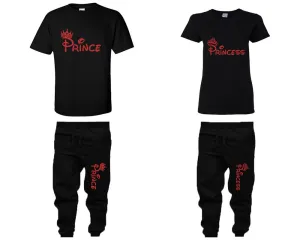 Prince & Princess Couple Matching T-Shirts & Jogger Pants – 4-Piece Set: Men’s and Women’s Styles Sold Separately in Red Glitter Design
