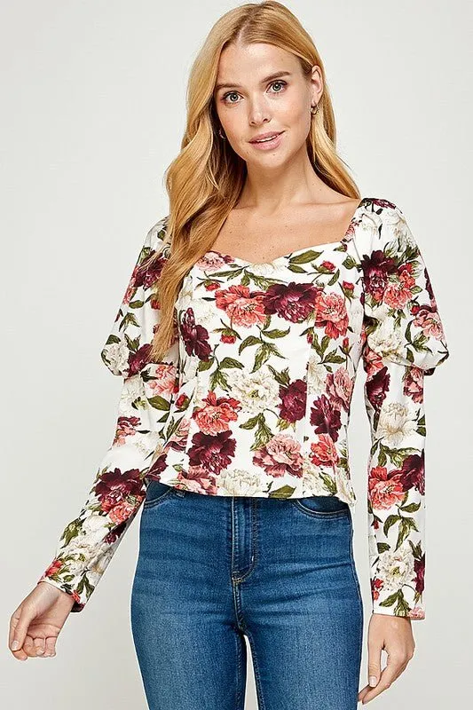 Printed Volume Sleeve Top- Black