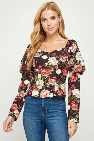 Printed Volume Sleeve Top- Black