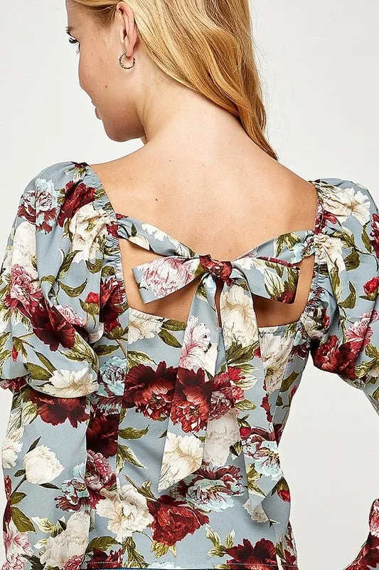 Printed Volume Sleeve Top- Black