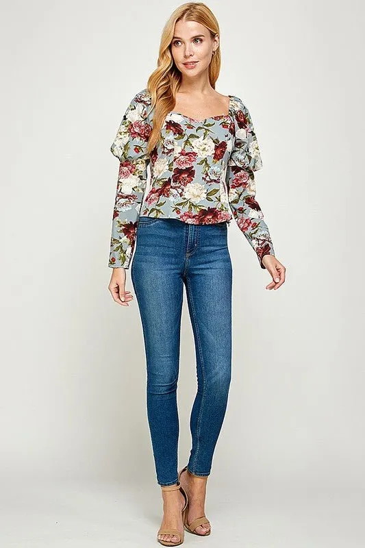 Printed Volume Sleeve Top- Black