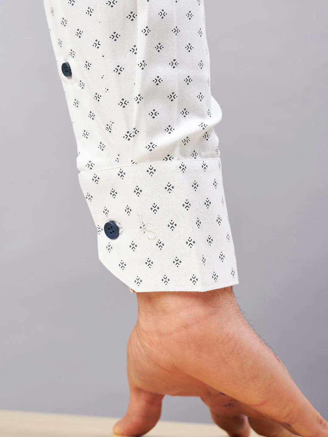 Regular Fit Semi Formal Geometric White Shirt For Men
