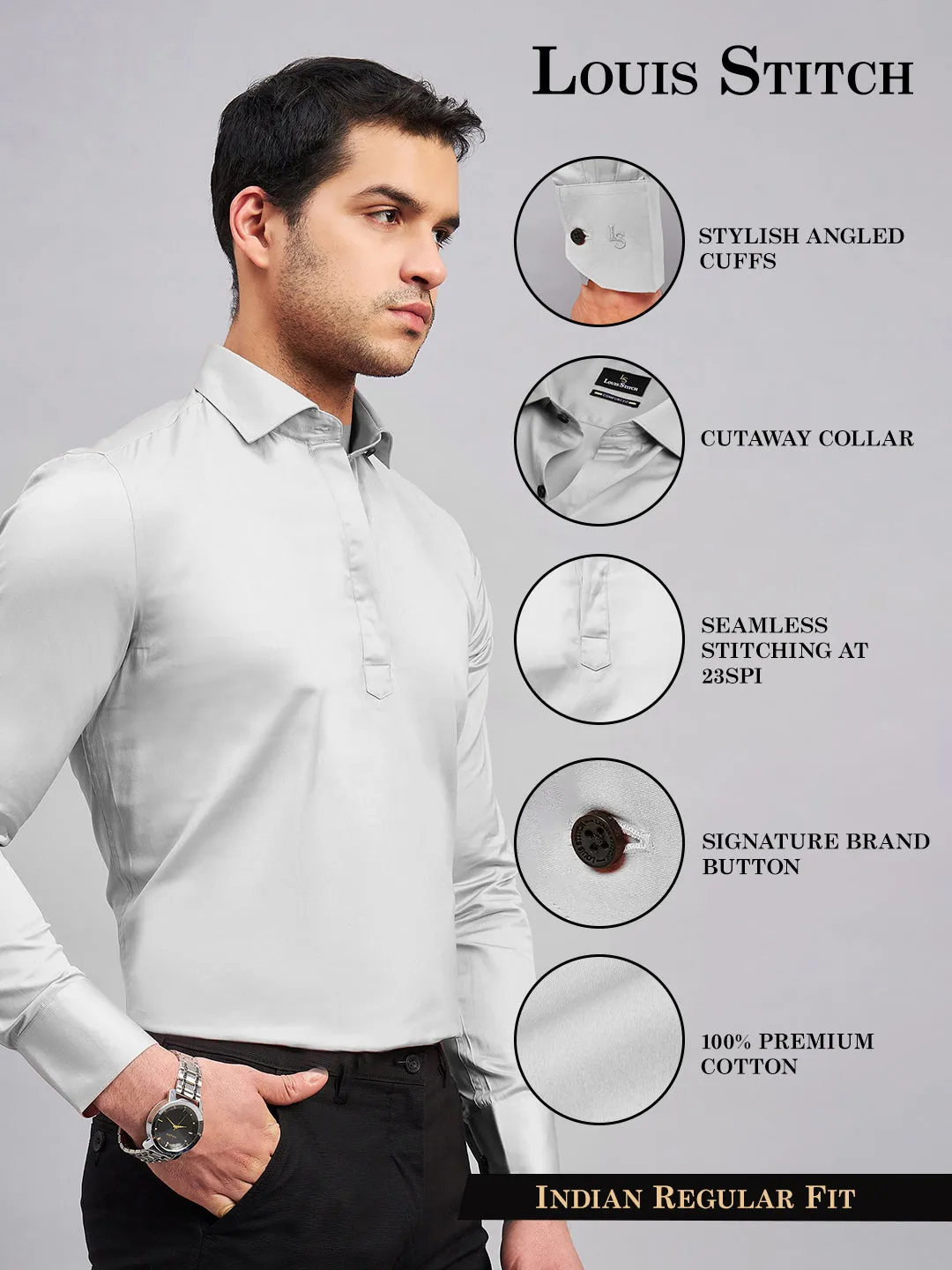 Regular Fit Semi Formal Solid Grey Shirt For Men