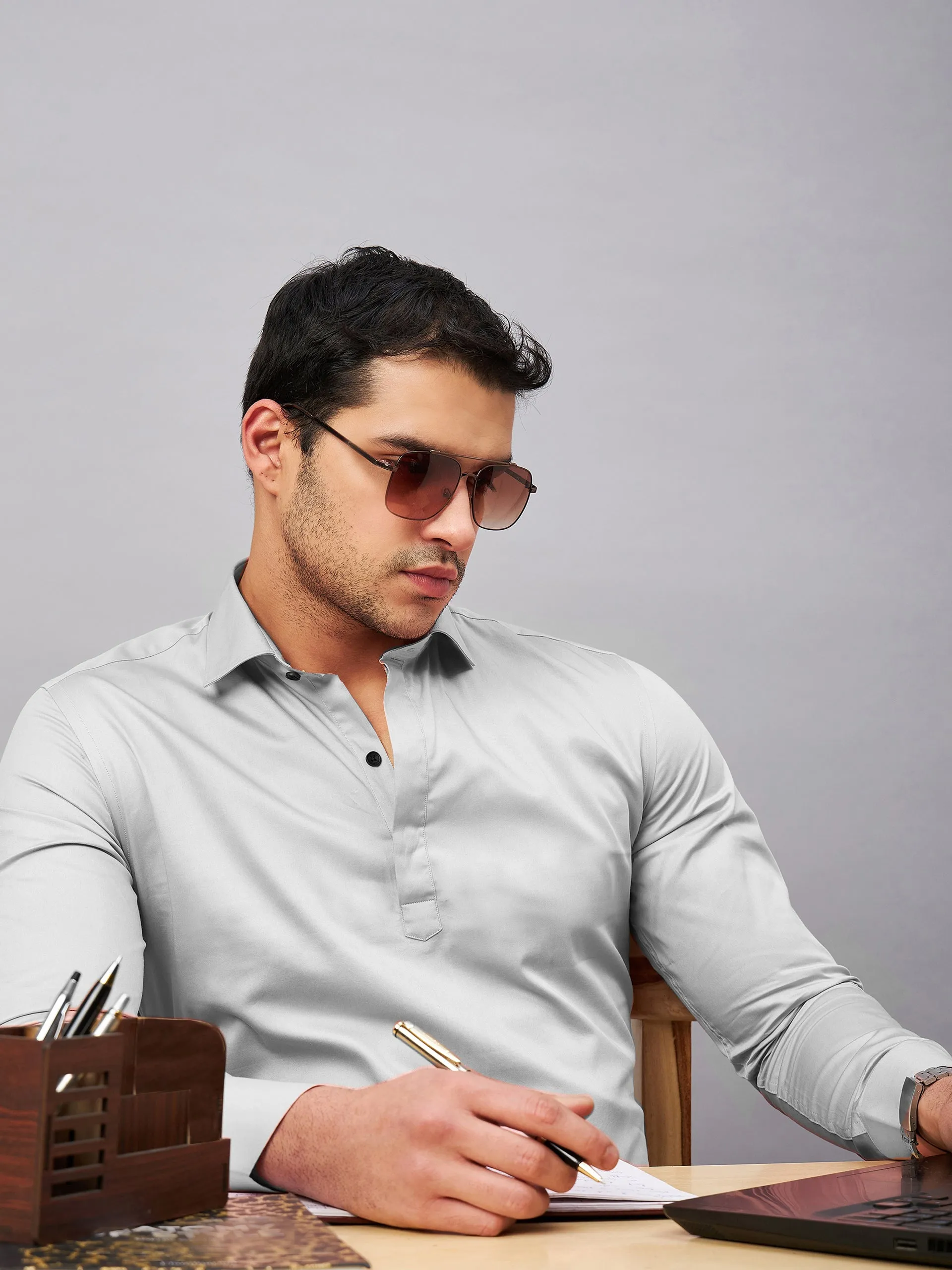 Regular Fit Semi Formal Solid Grey Shirt For Men