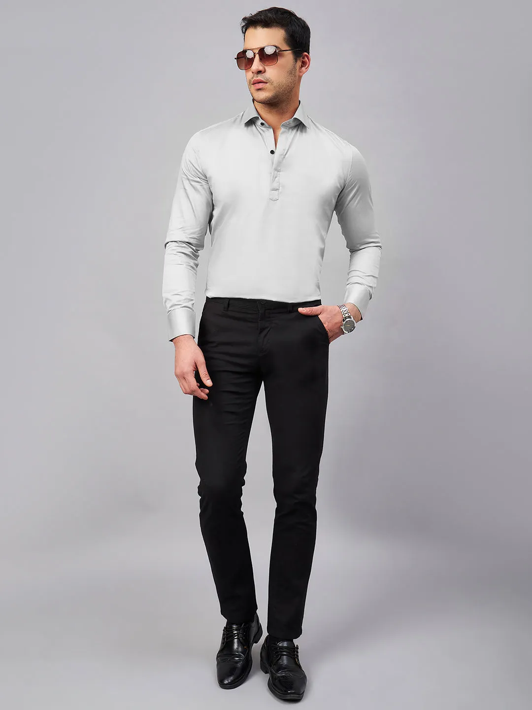 Regular Fit Semi Formal Solid Grey Shirt For Men