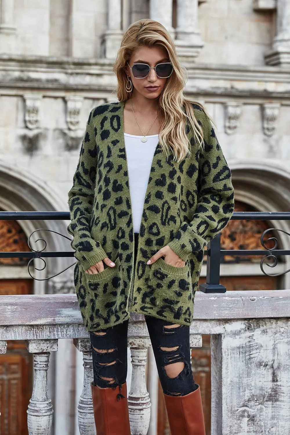 Ribbed Trim Leopard Open Front Longline Cardigan Stay stylish and cozy