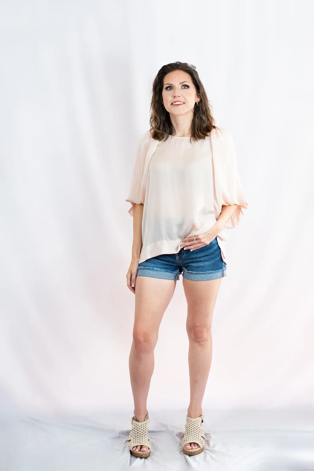 Satin High Low Hem Blouse with Half Balloon Sleeves by Umgee Clothing