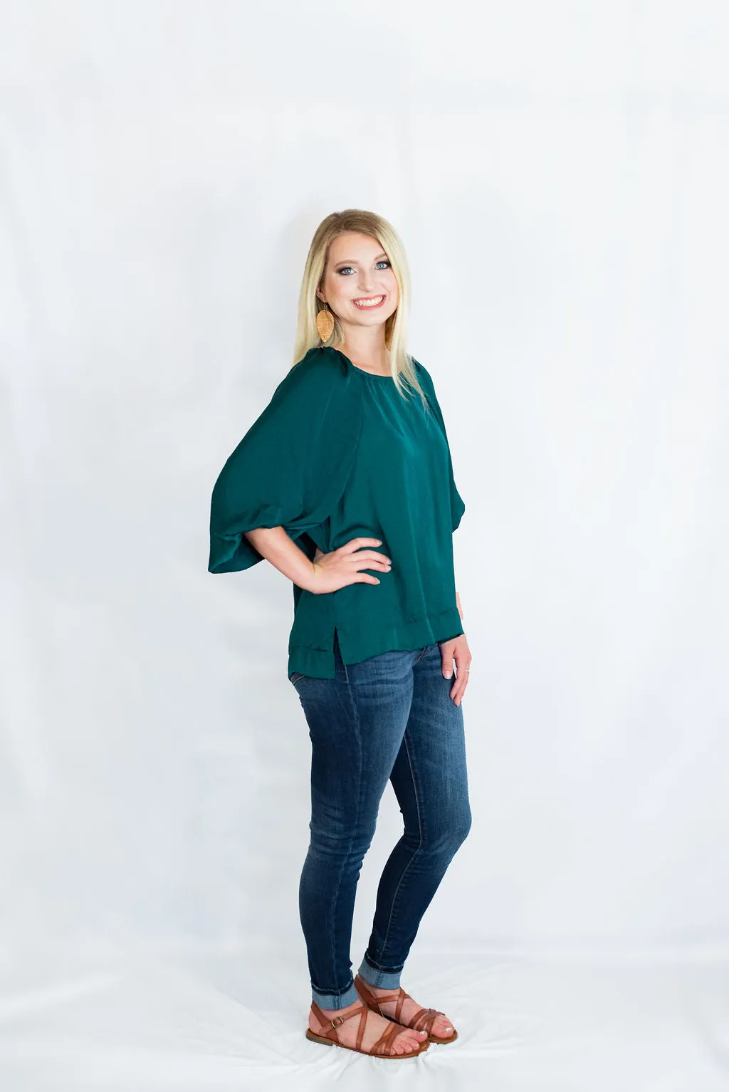 Satin High Low Hem Blouse with Half Balloon Sleeves by Umgee Clothing