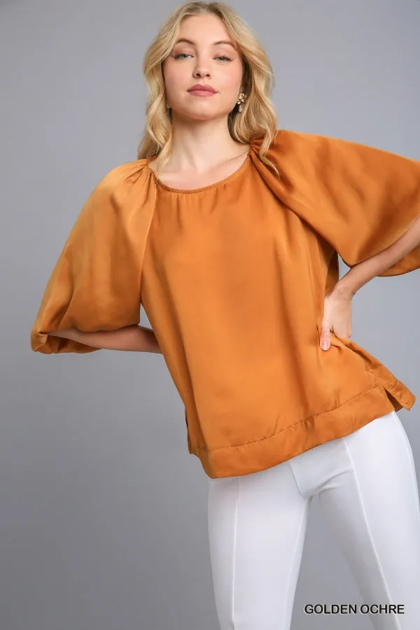 Satin High Low Hem Blouse with Half Balloon Sleeves by Umgee Clothing