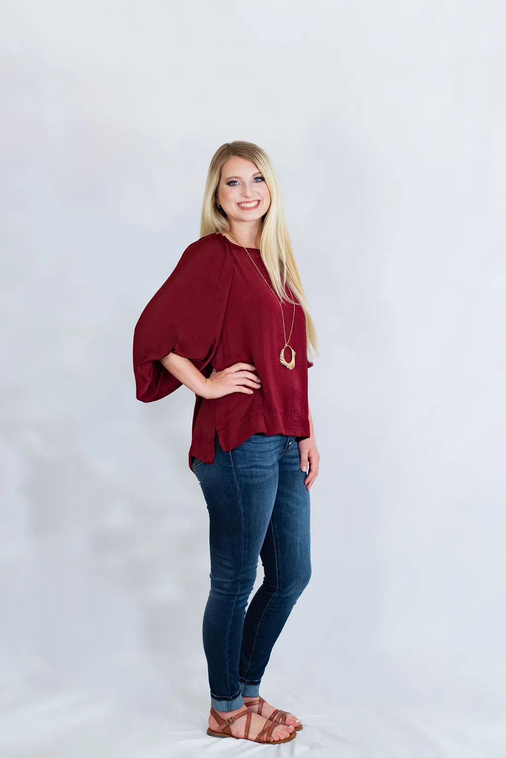 Satin High Low Hem Blouse with Half Balloon Sleeves by Umgee Clothing