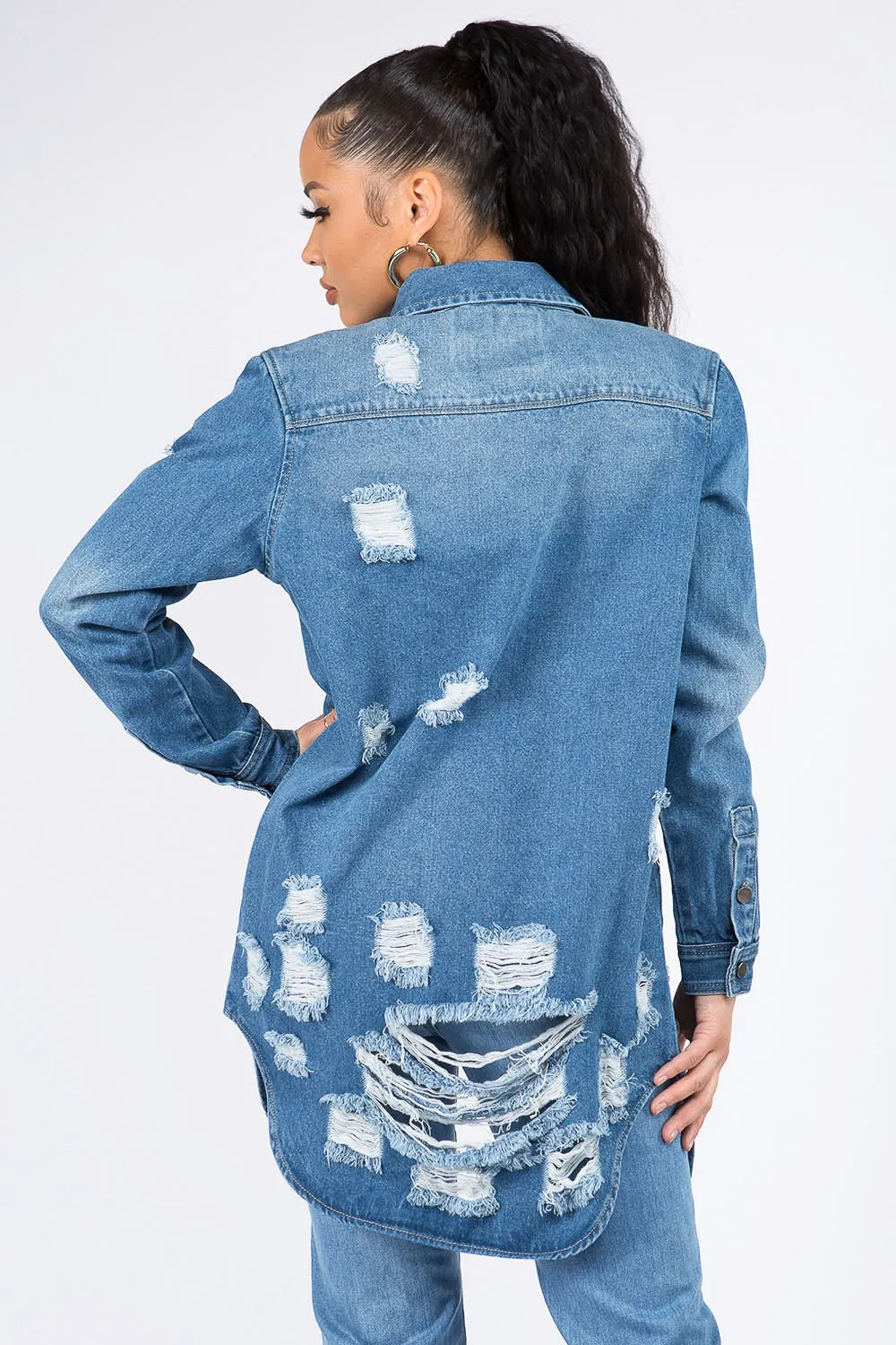 Scarvesnthangs Distressed Button Down Denim Shirt Jacket