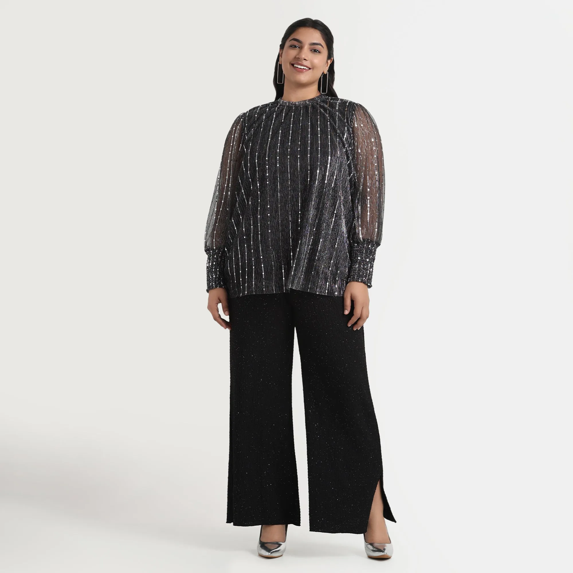 Silver Knit Pleated Plus Size Top