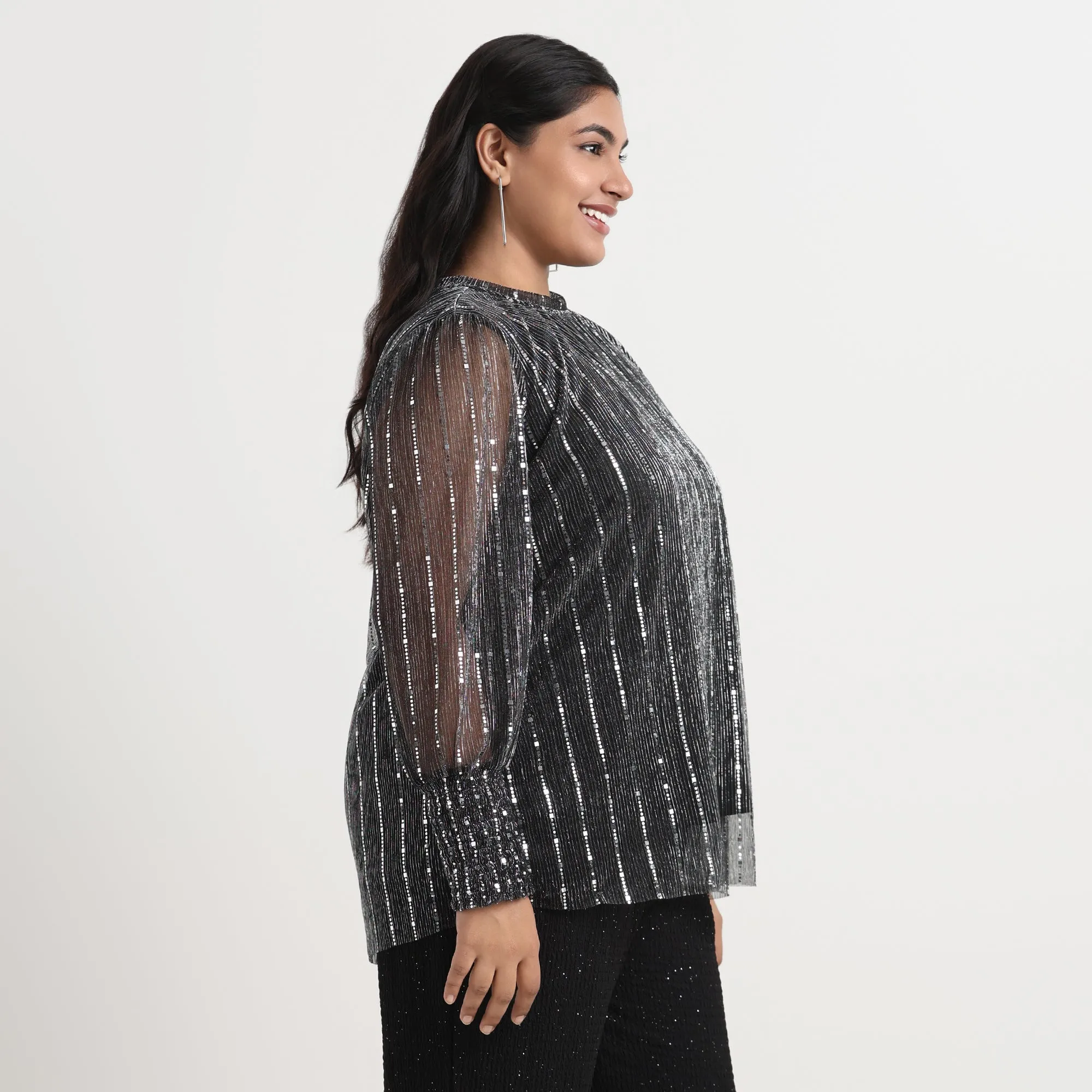 Silver Knit Pleated Plus Size Top