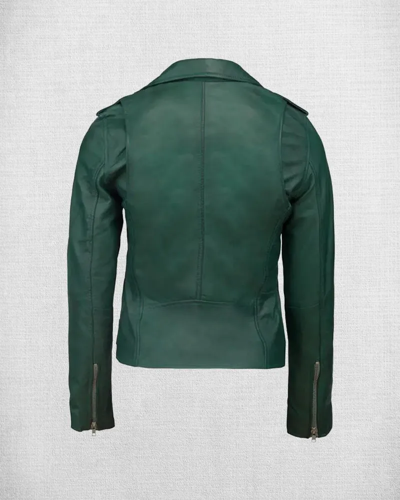 Stylish Green Leather Biker Jacket For Women