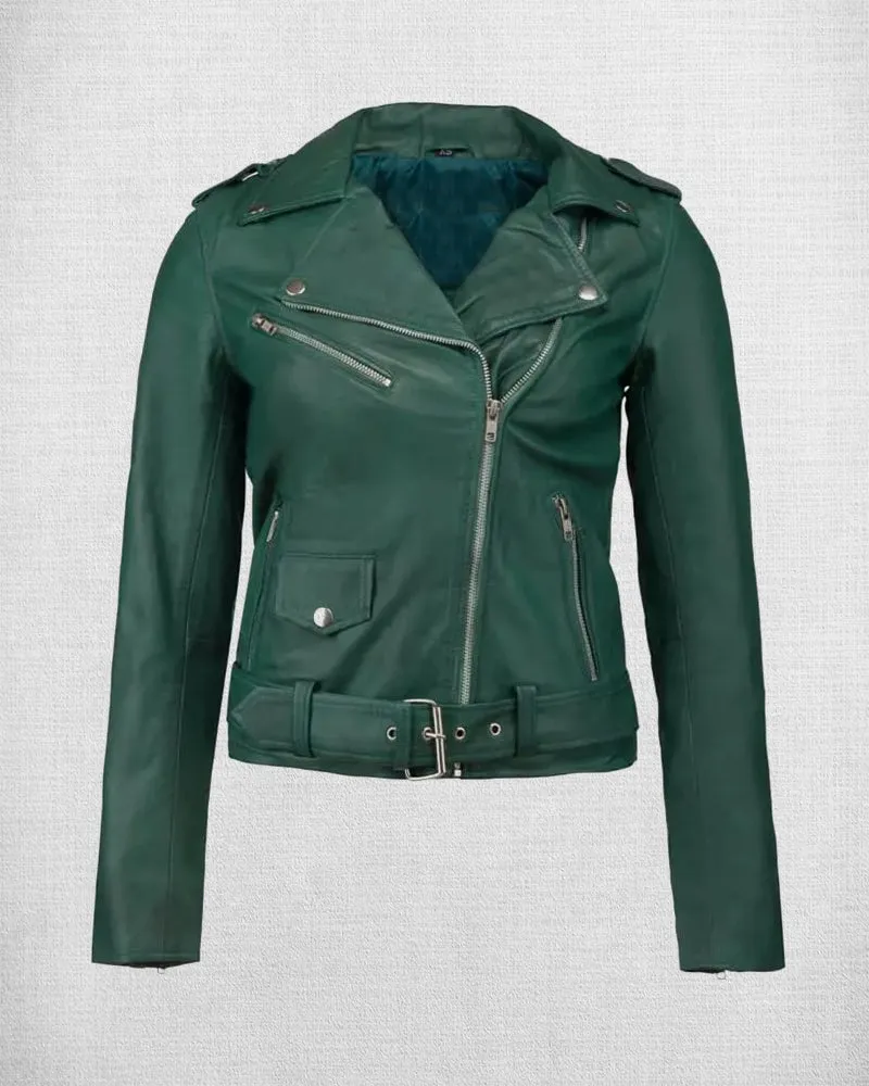 Stylish Green Leather Biker Jacket For Women
