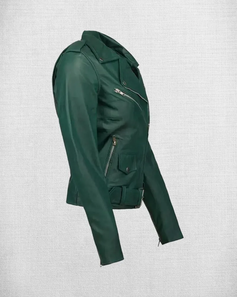 Stylish Green Leather Biker Jacket For Women