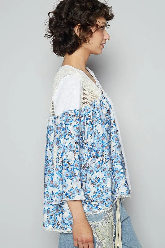 Washed Floral Print Crochet Detail Top
