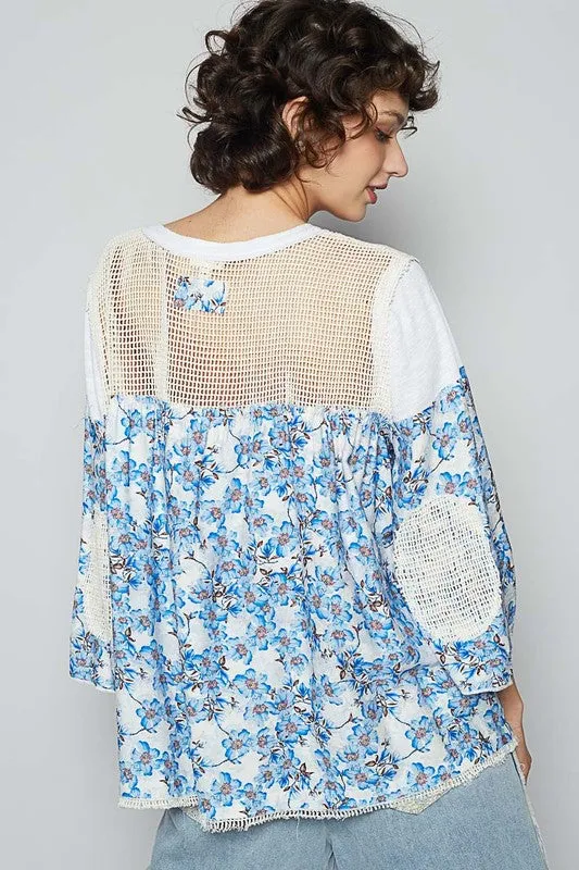 Washed Floral Print Crochet Detail Top
