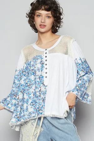 Washed Floral Print Crochet Detail Top