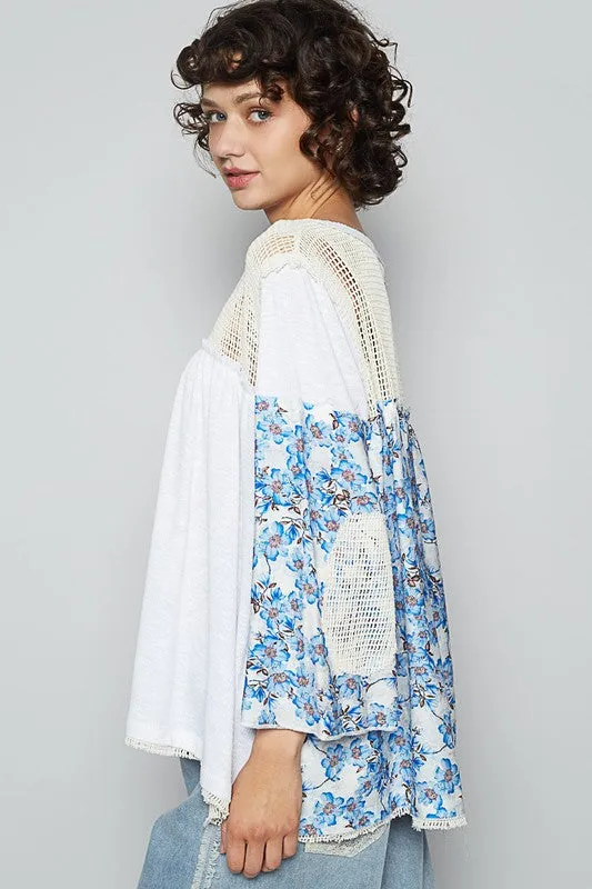 Washed Floral Print Crochet Detail Top