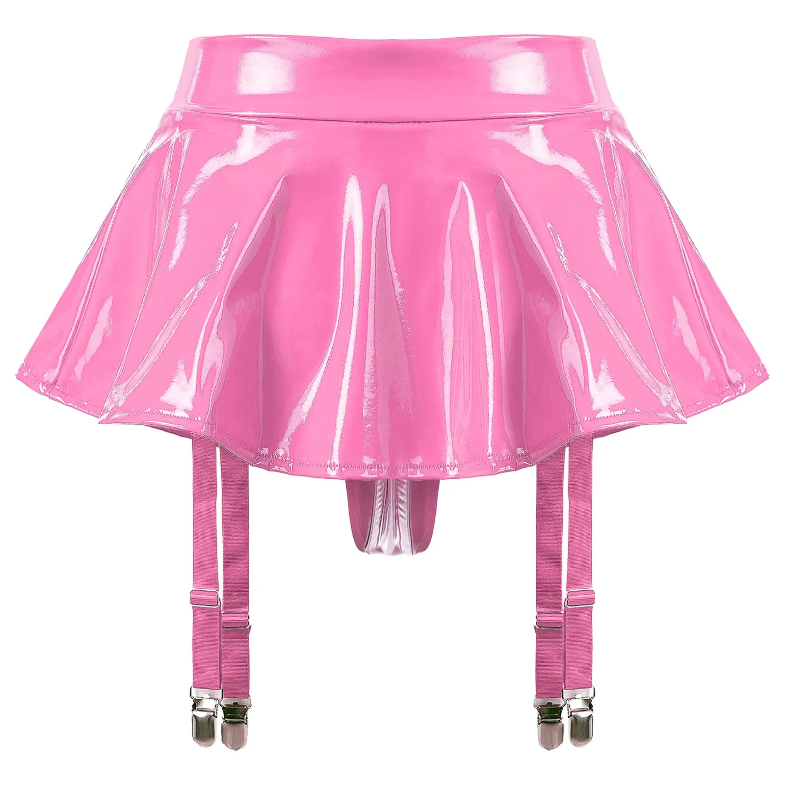 Wet Look Leather Ruffle with Built-in Thongs & Garter Belts Metal Clips Miniskirt