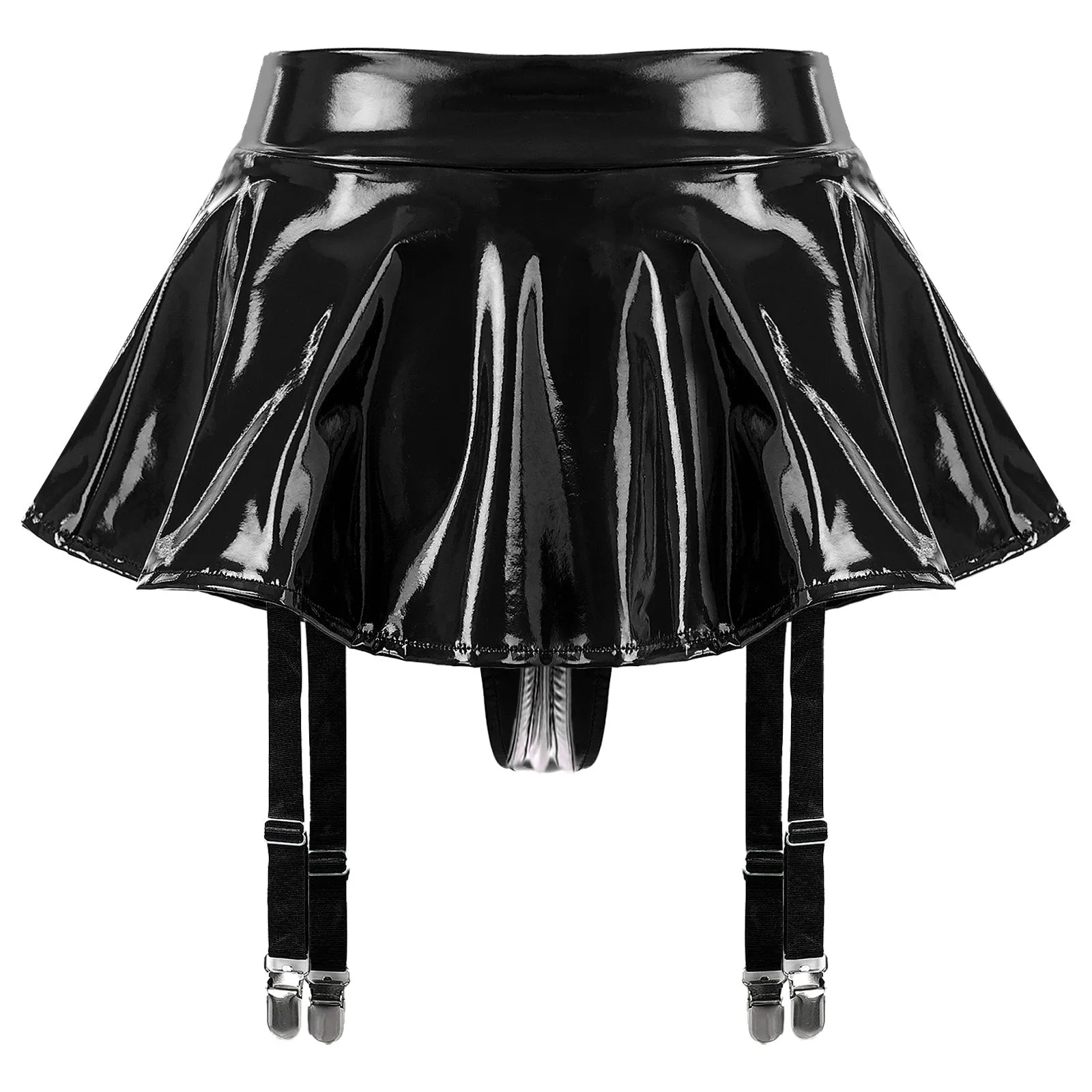 Wet Look Leather Ruffle with Built-in Thongs & Garter Belts Metal Clips Miniskirt