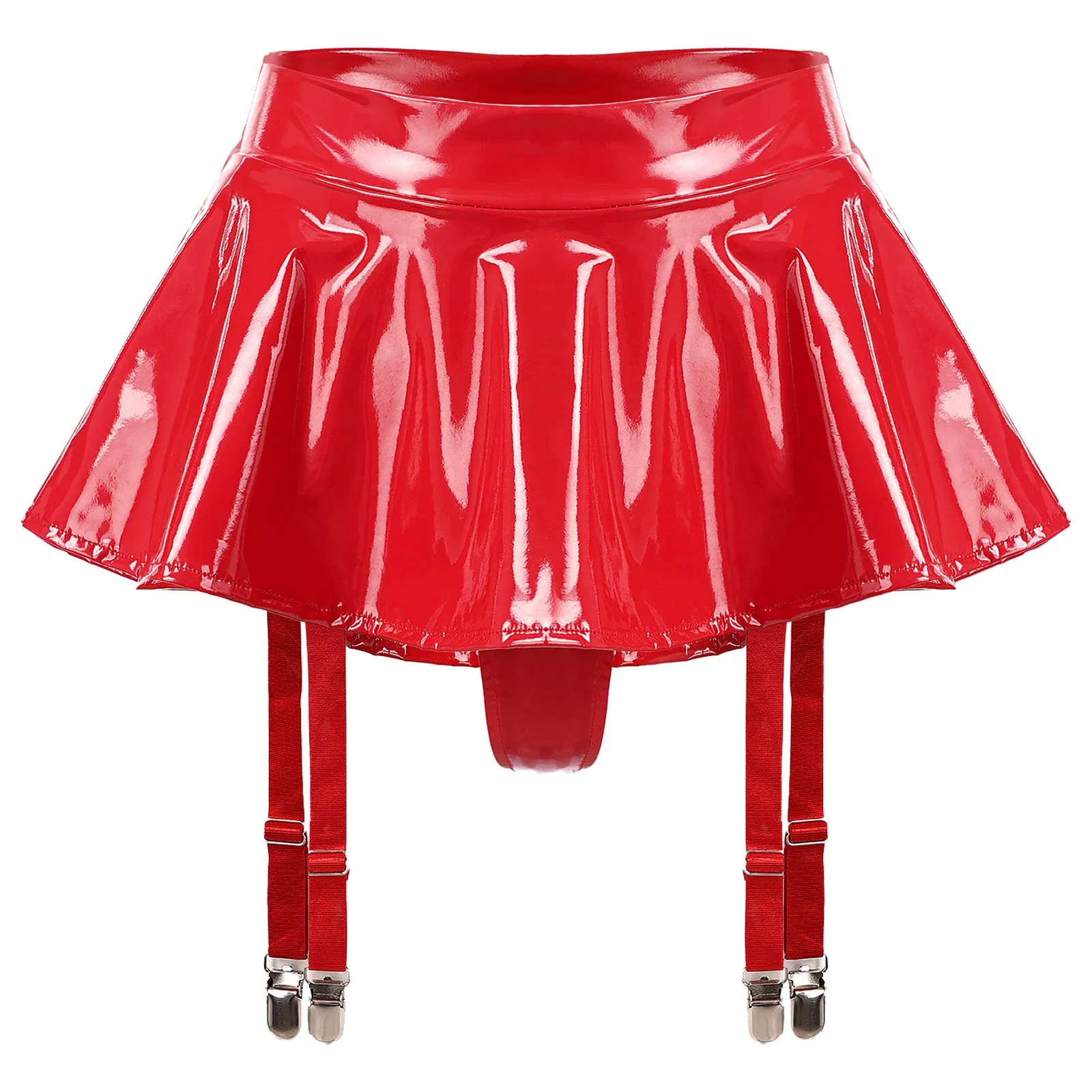 Wet Look Leather Ruffle with Built-in Thongs & Garter Belts Metal Clips Miniskirt