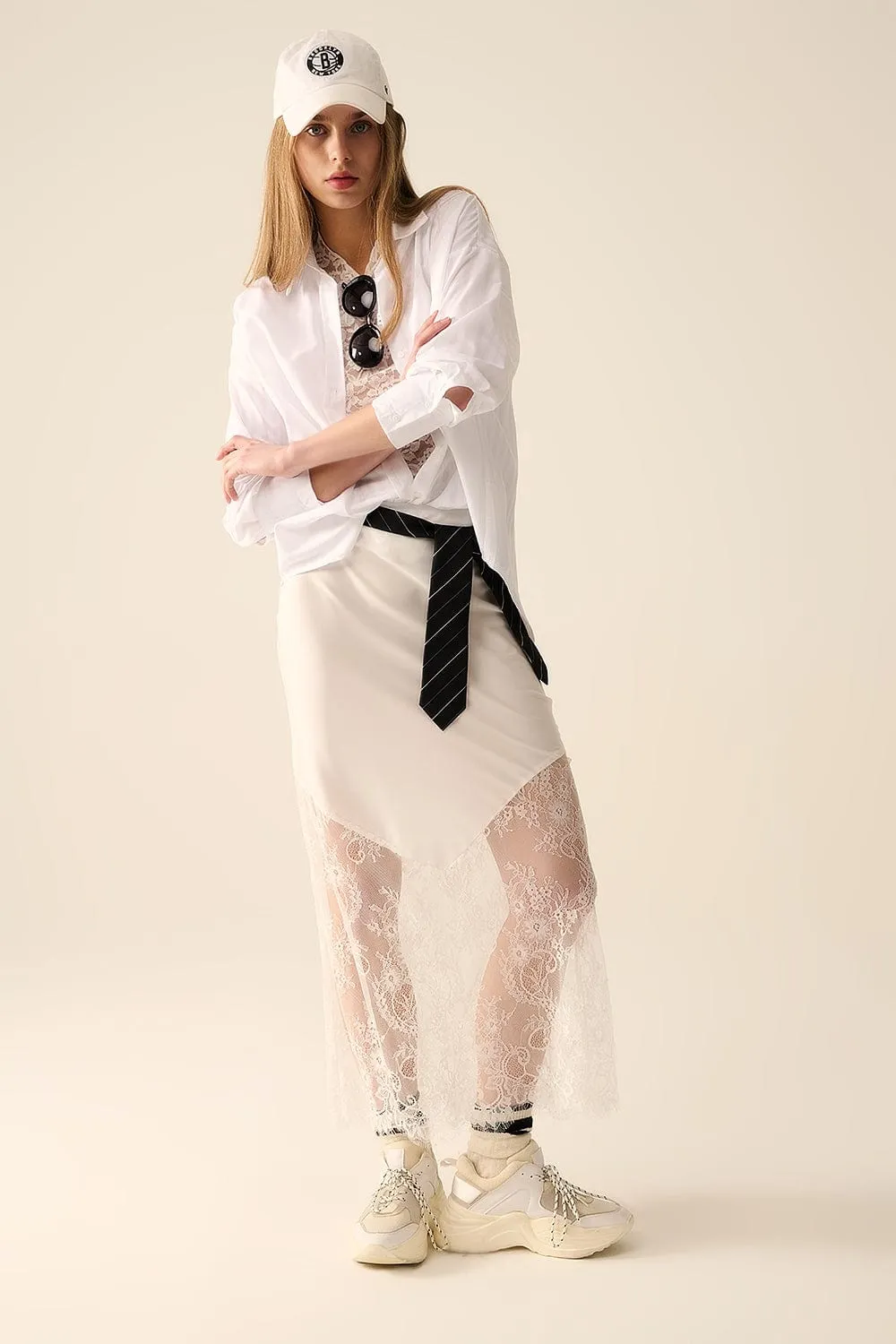 White Satin Skirt With Lace At The Bottom