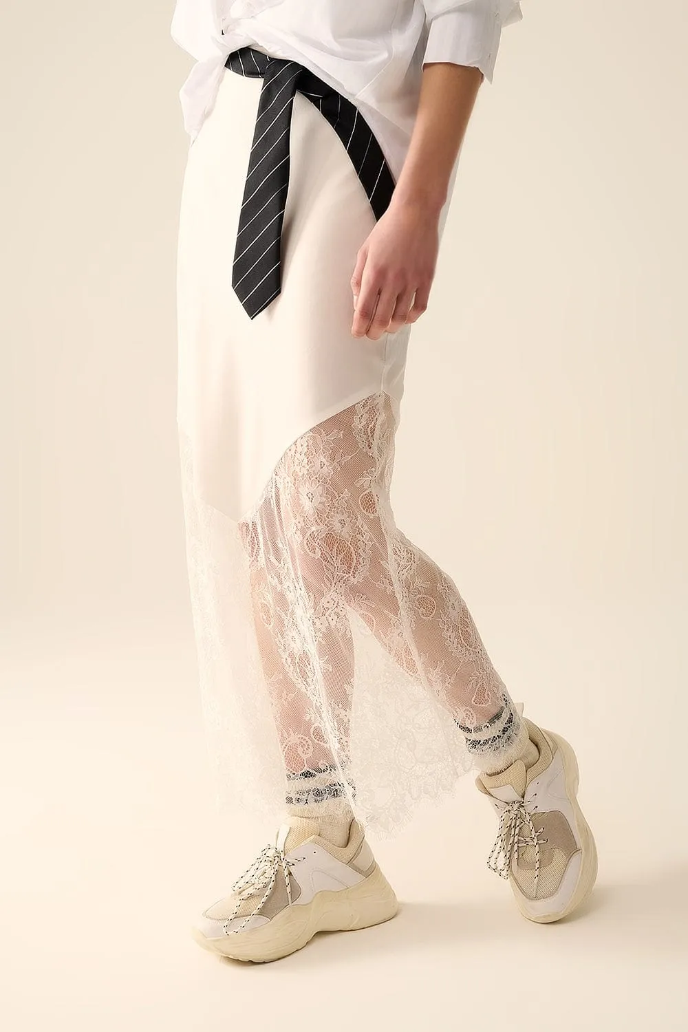 White Satin Skirt With Lace At The Bottom
