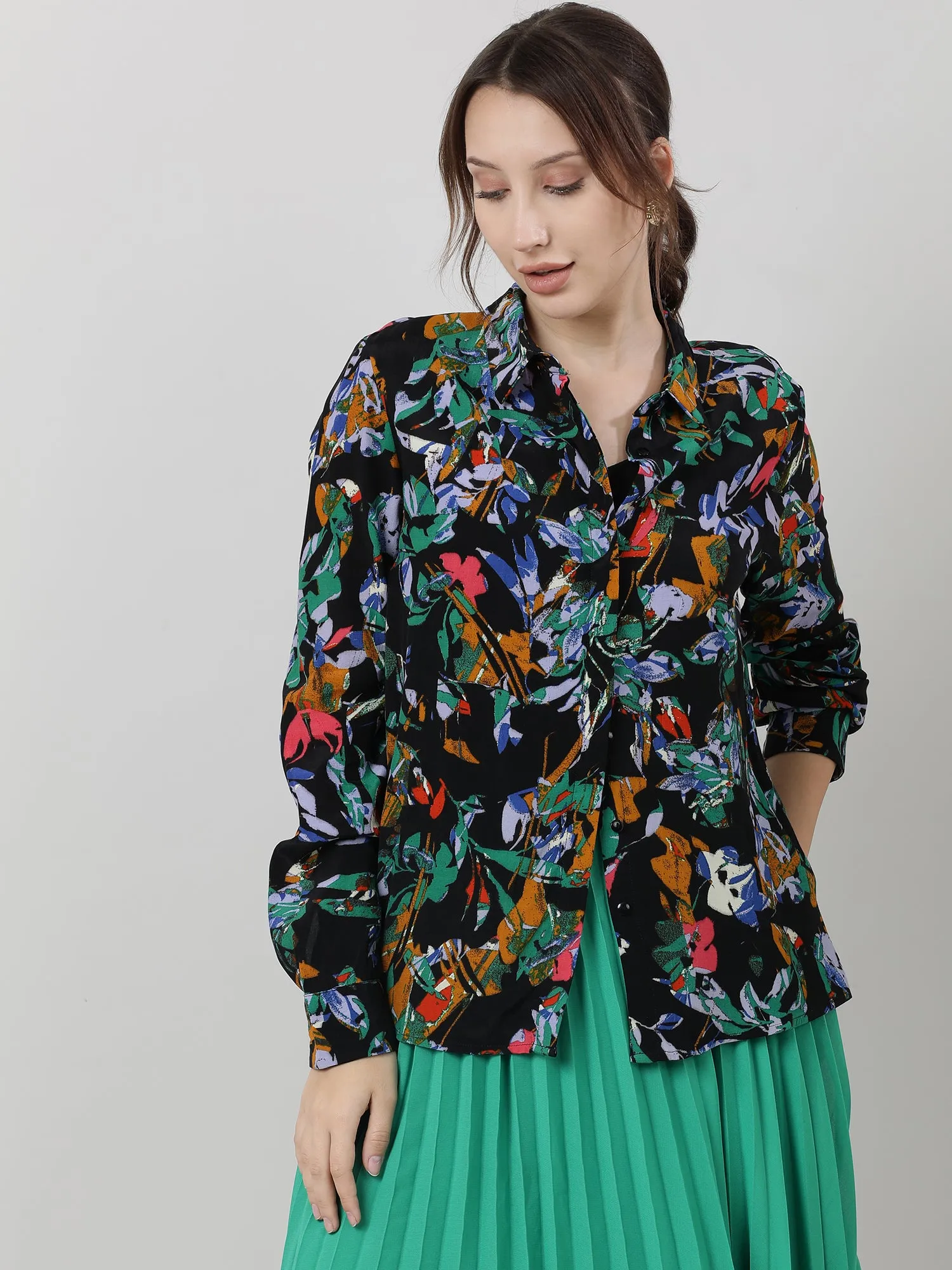 Women Viscose Black Printed Shirt