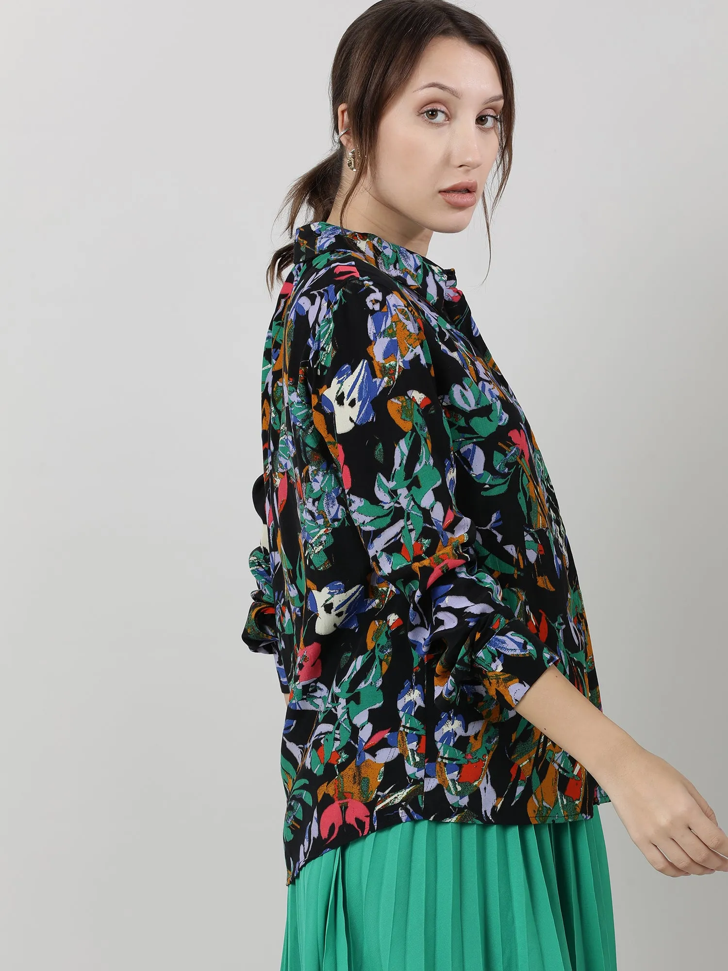 Women Viscose Black Printed Shirt