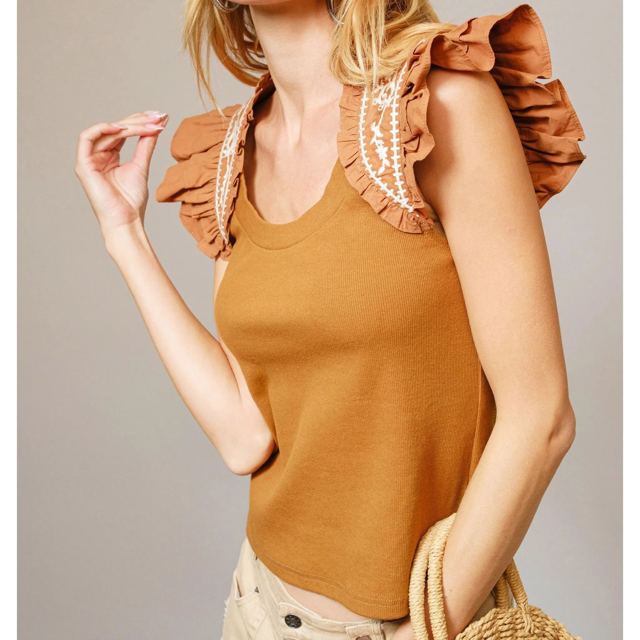 Women's Camel Color Embroidered Ruffle Shoulder Short Sleeve