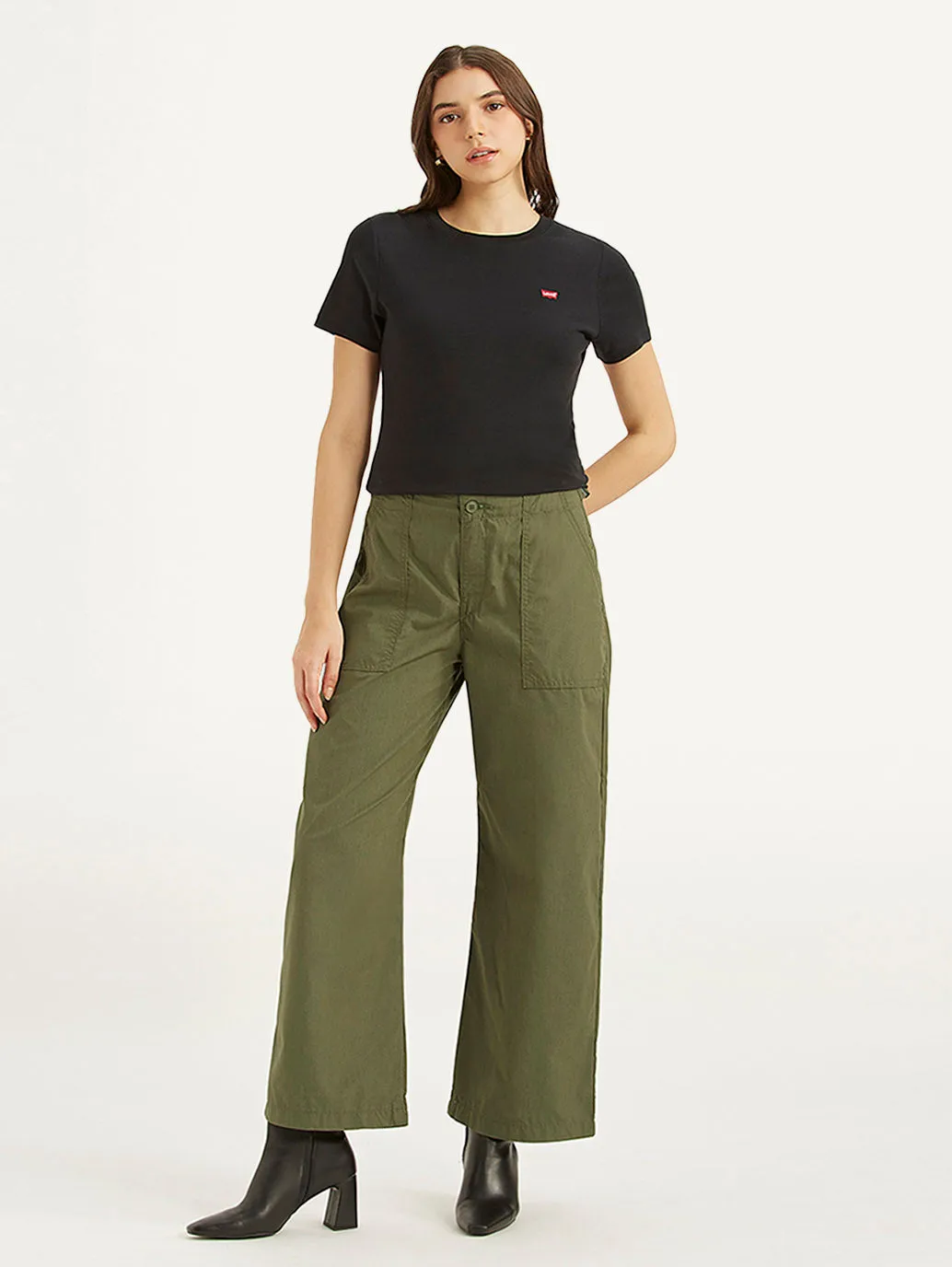 Women's Mid Rise Olive Baggy Cargo Trousers