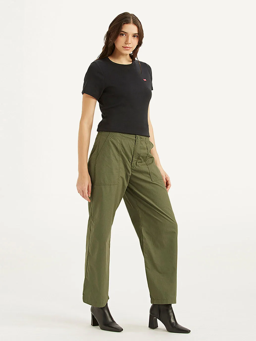 Women's Mid Rise Olive Baggy Cargo Trousers