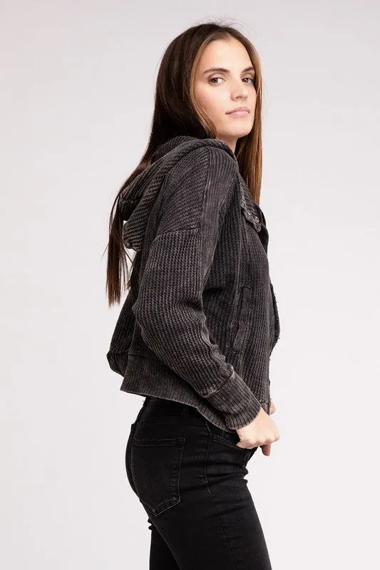 Zenana Acid Wash Cotton Waffle Hooded Zip-Up Jacket